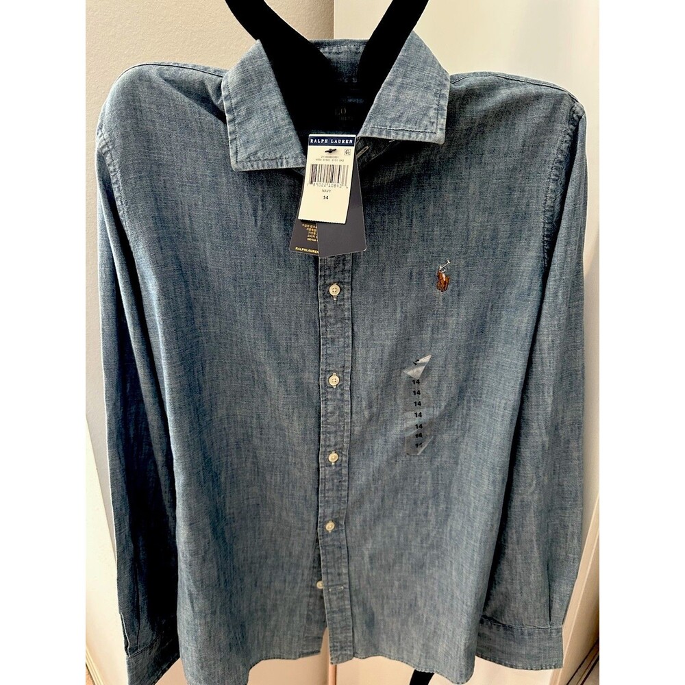 NWT Ralph Lauren Boys Classic Chambray Cotton Button Down Shirt sz 14  42chest